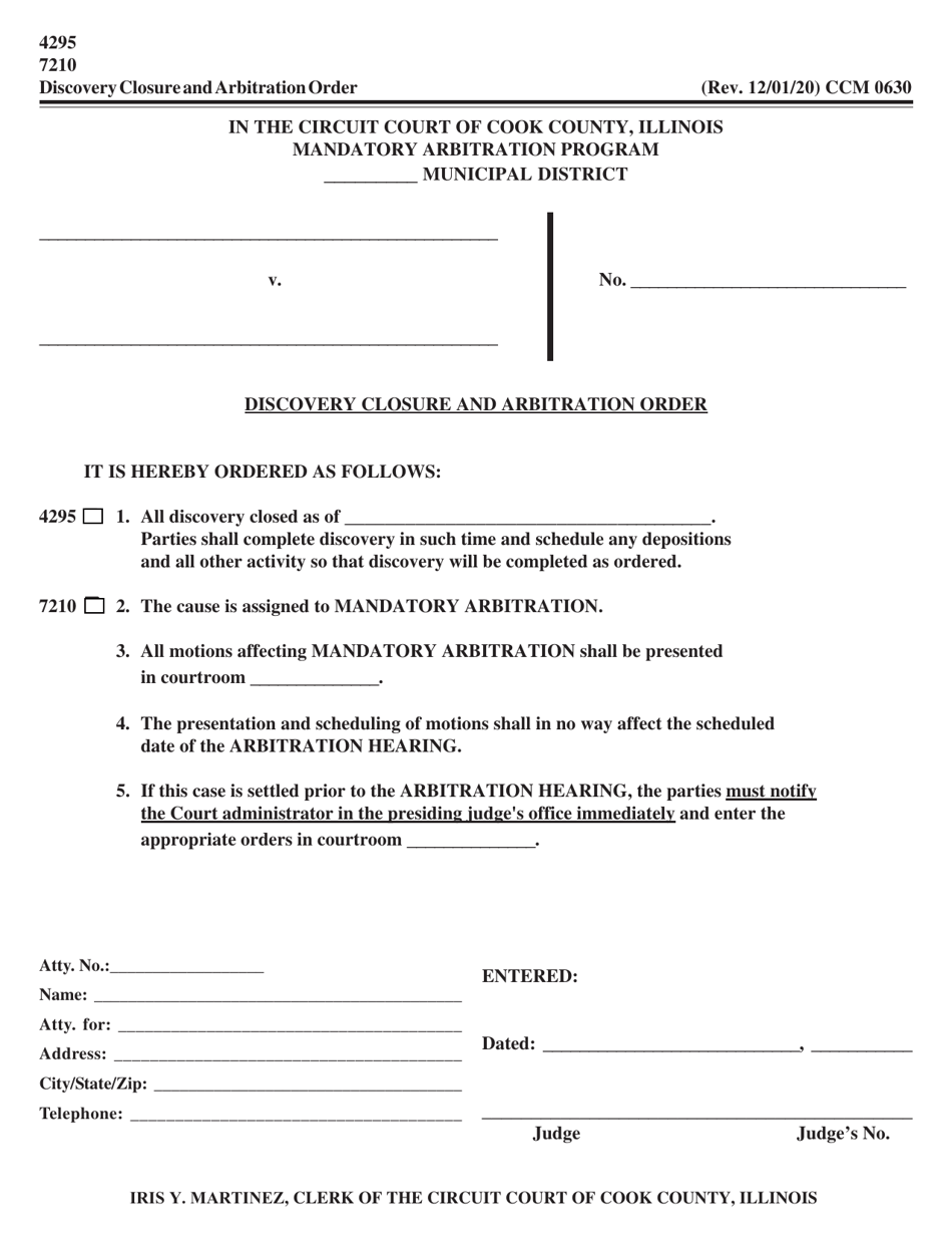 Form CCM0630 Discovery Closure and Arbitration Order - Cook County, Illinois, Page 1