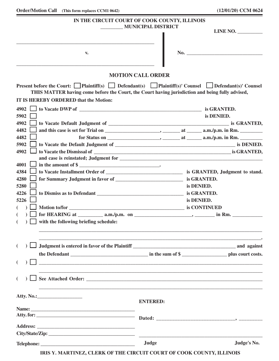Form CCM0624 Motion Call Order - Cook County, Illinois, Page 1