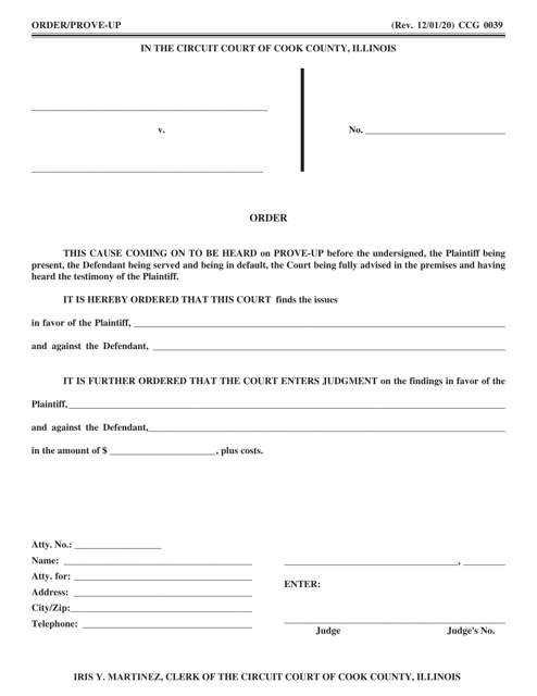 Form CCG0039 Order/Prove-Up - Cook County, Illinois