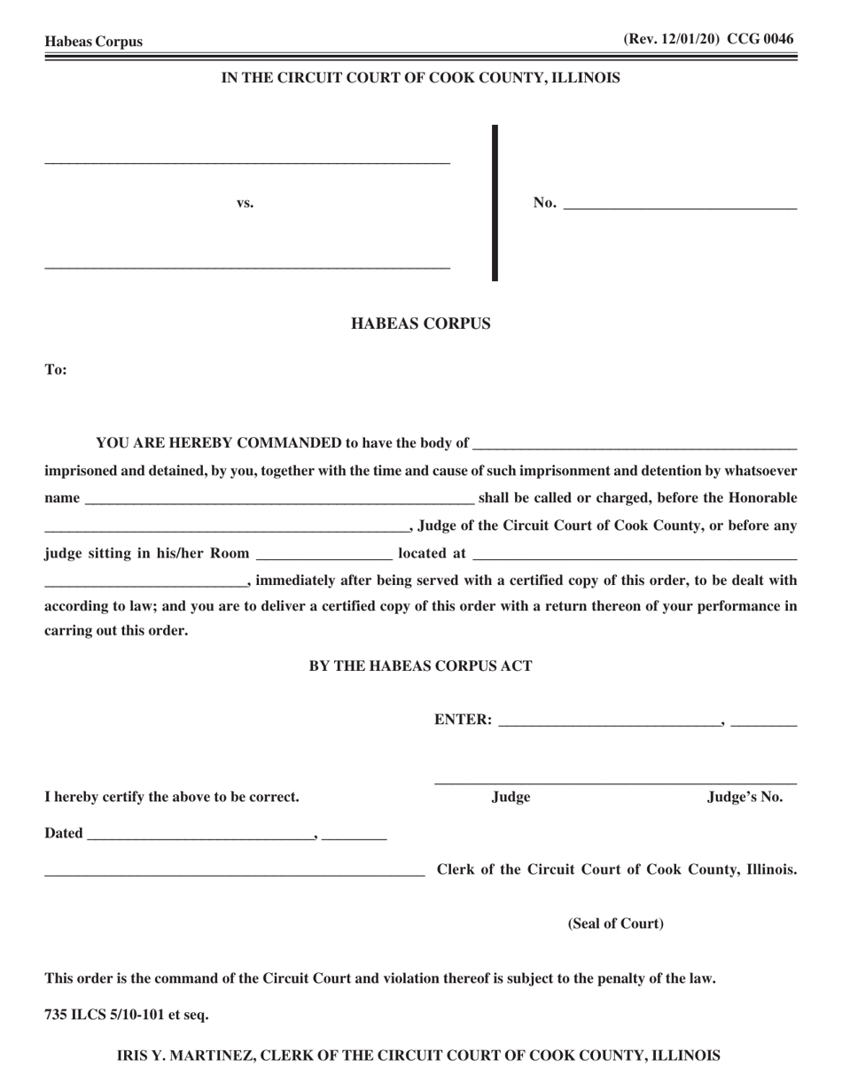 Form CCG0046 Habeas Corpus - Cook County, Illinois, Page 1