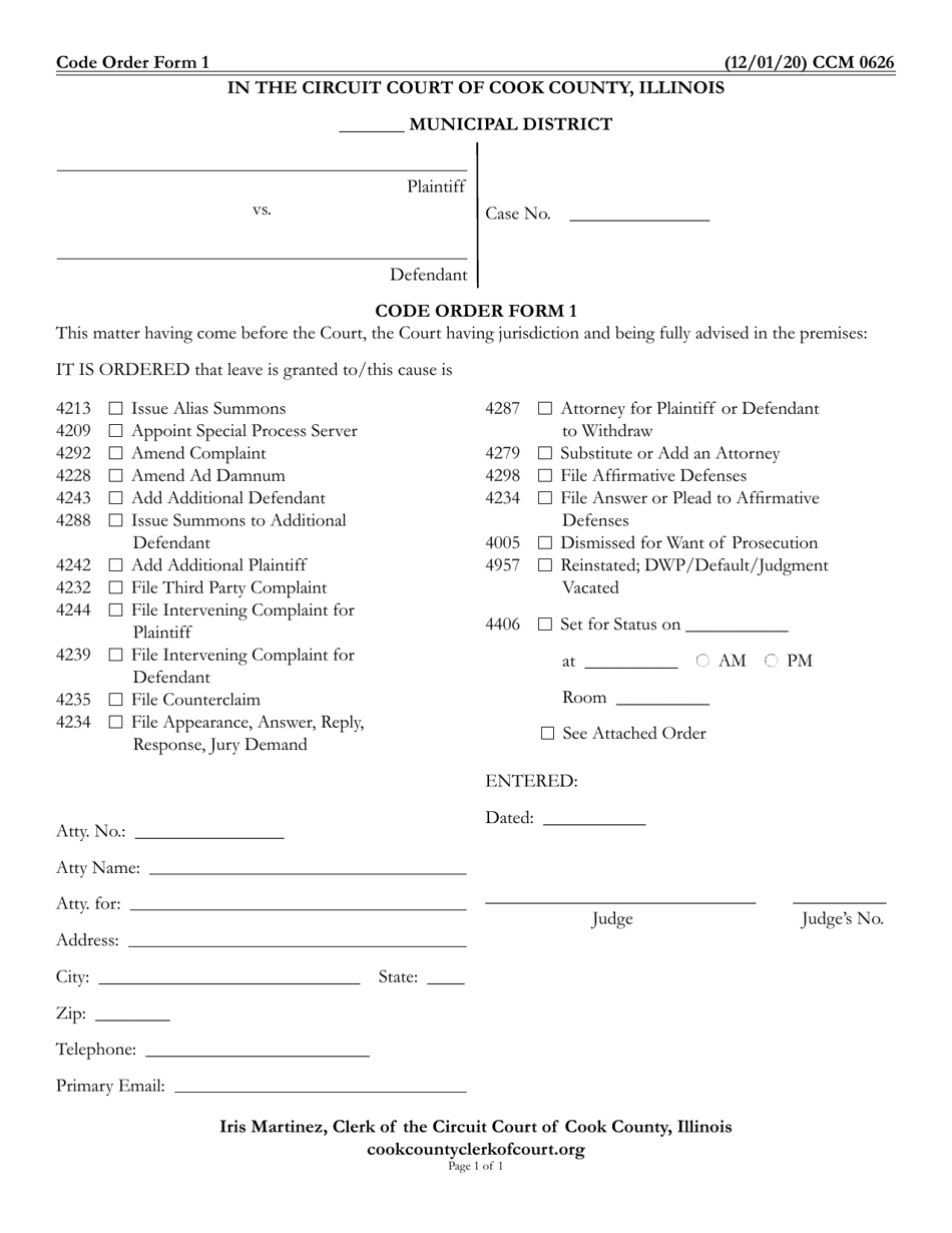 CODE ORDER Form 1 (CCM0626) Order - Pre Trial Proceedings - Cook County, Illinois, Page 1