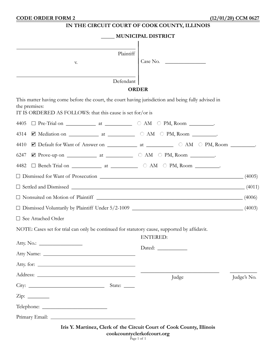 CODE ORDER Form 2 (CCM0627) Order - Scheduling and Pre Trial Proceedings - Cook County, Illinois, Page 1