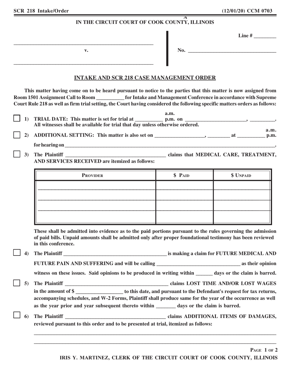 Form CCM0703 Intake and Scr 218 Case Management Order - Cook County, Illinois, Page 1