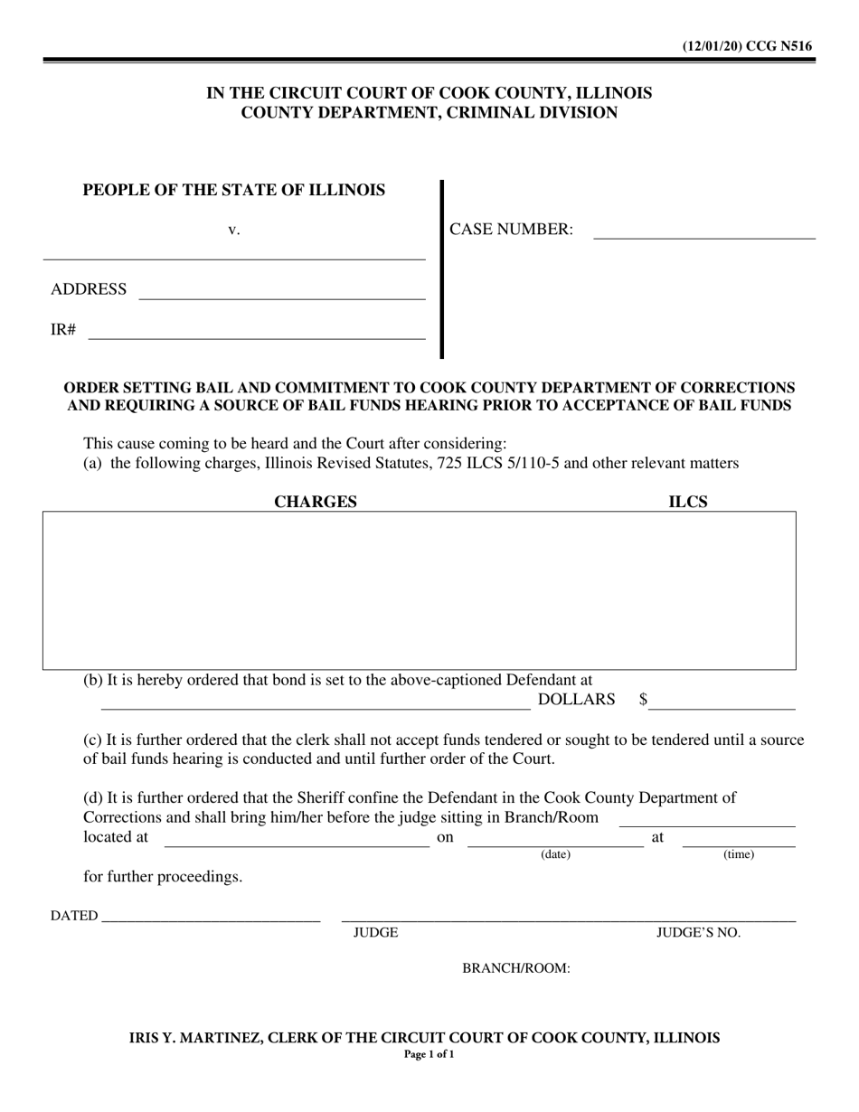 Form CCG N516 Order - Source of Bail Commitment (Criminal) - Cook County, Illinois, Page 1