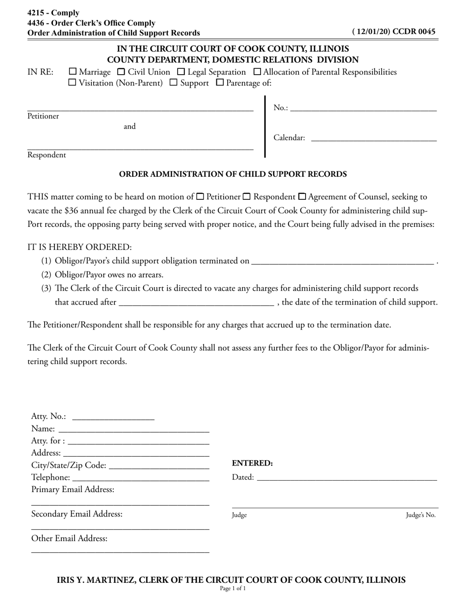Form CCDR0045 Order Administration of Child Support Records - Cook County, Illinois, Page 1