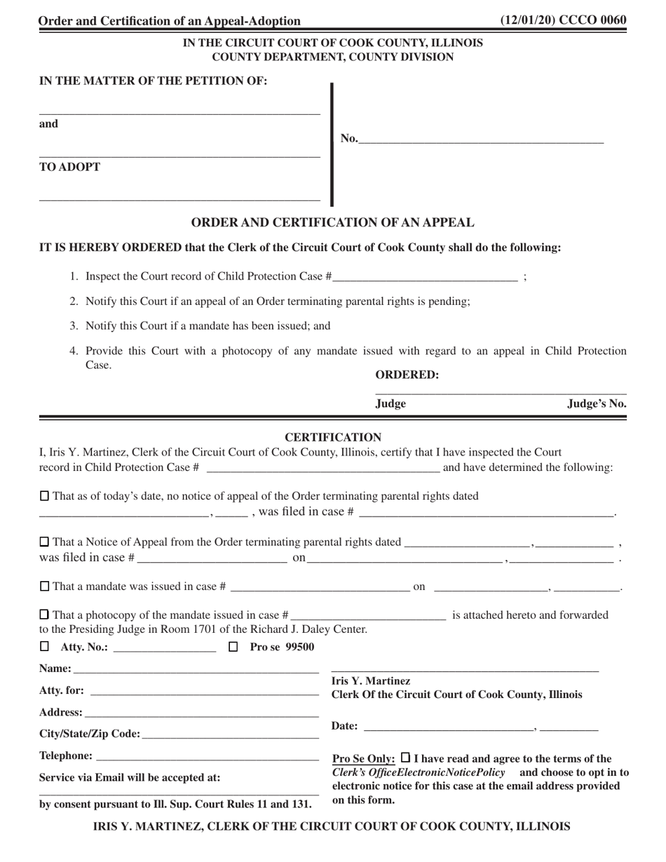 Form CCCO0060 Order and Certification of an Appeal - Cook County, Illinois, Page 1