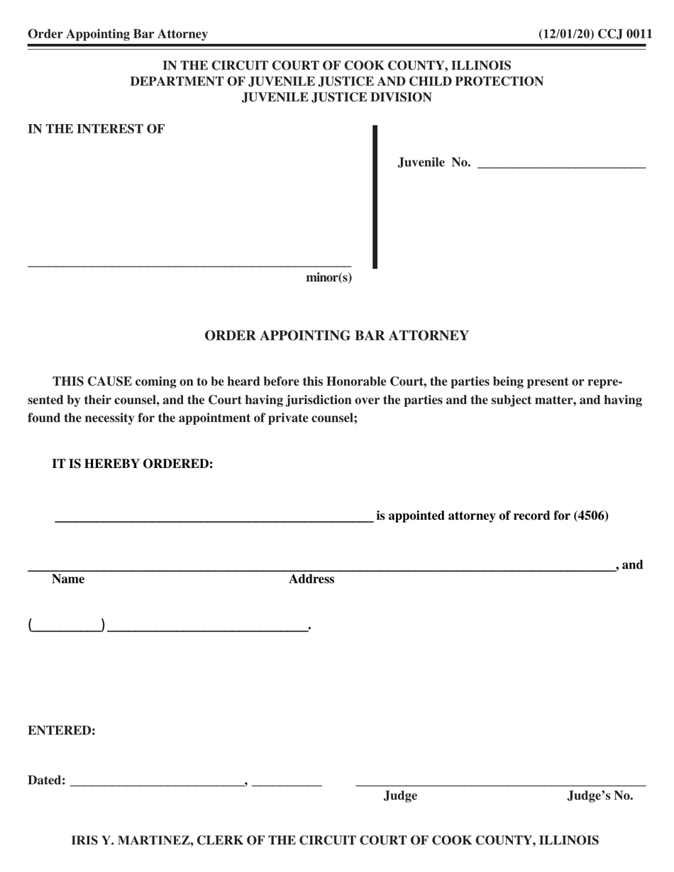 Form CCJ0011 Order Appointing Bar Attorney - Cook County, Illinois, Page 1