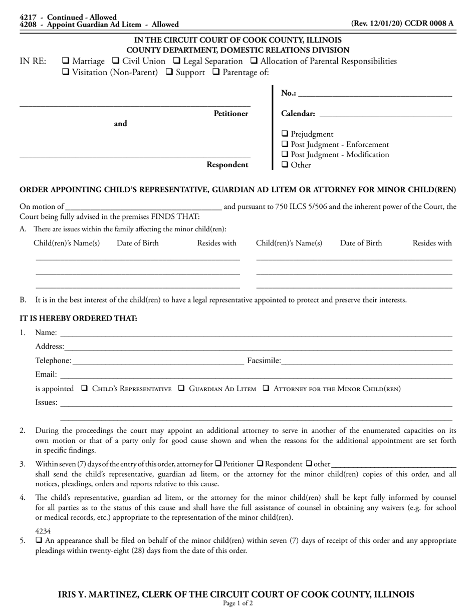 Form CCDR0008 Order Appointing Childs Representative, Guardian Ad Litem or Attorney for Minor Child(Ren) - Cook County, Illinois, Page 1