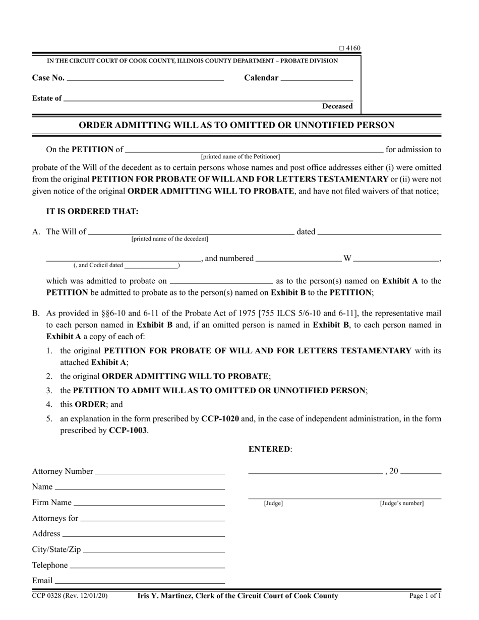 Form CCP0328 Order Admitting Will as to Omitted or Unnotified Person - Cook County, Illinois, Page 1
