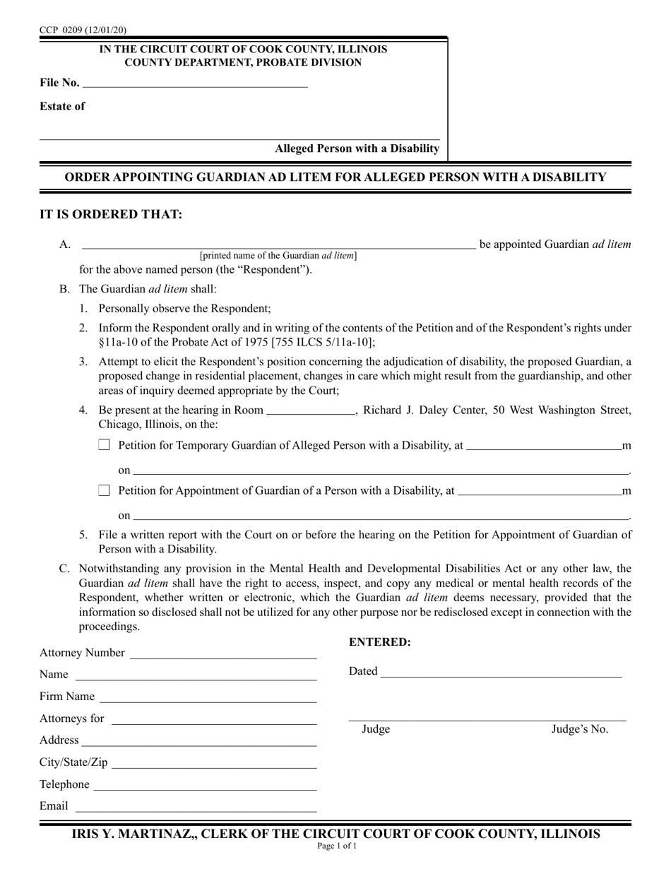 Form CCP0209 Order Appointing Guardian Ad Litem for Alleged Person With a Disability - Cook County, Illinois, Page 1