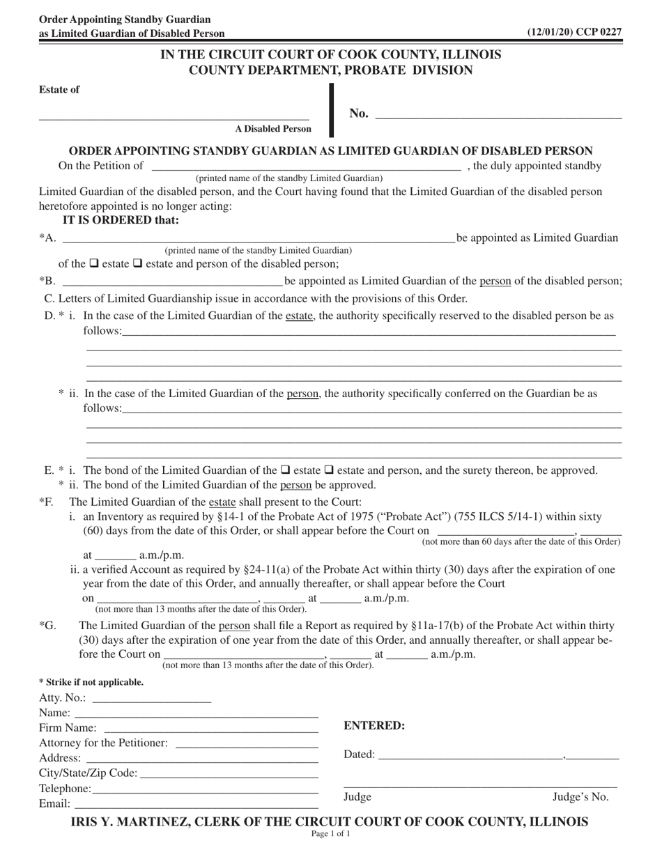 Form CCP0227 Order Appointing Standby Guardian as Limited Guardian of Disabled Person - Cook County, Illinois, Page 1