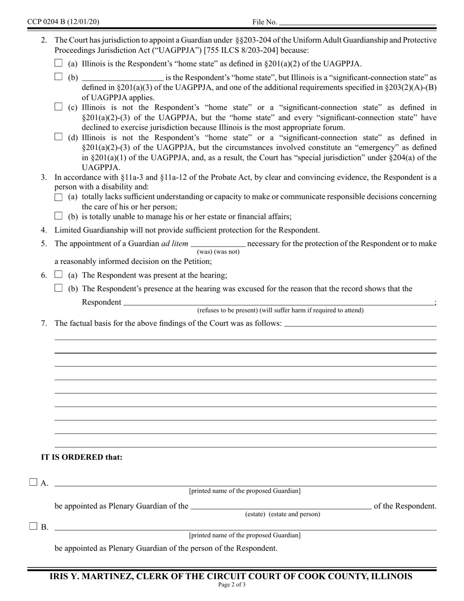 Form CCP0204 Order Appointing Plenary Guardian of a Person With a Disability - Cook County, Illinois, Page 2