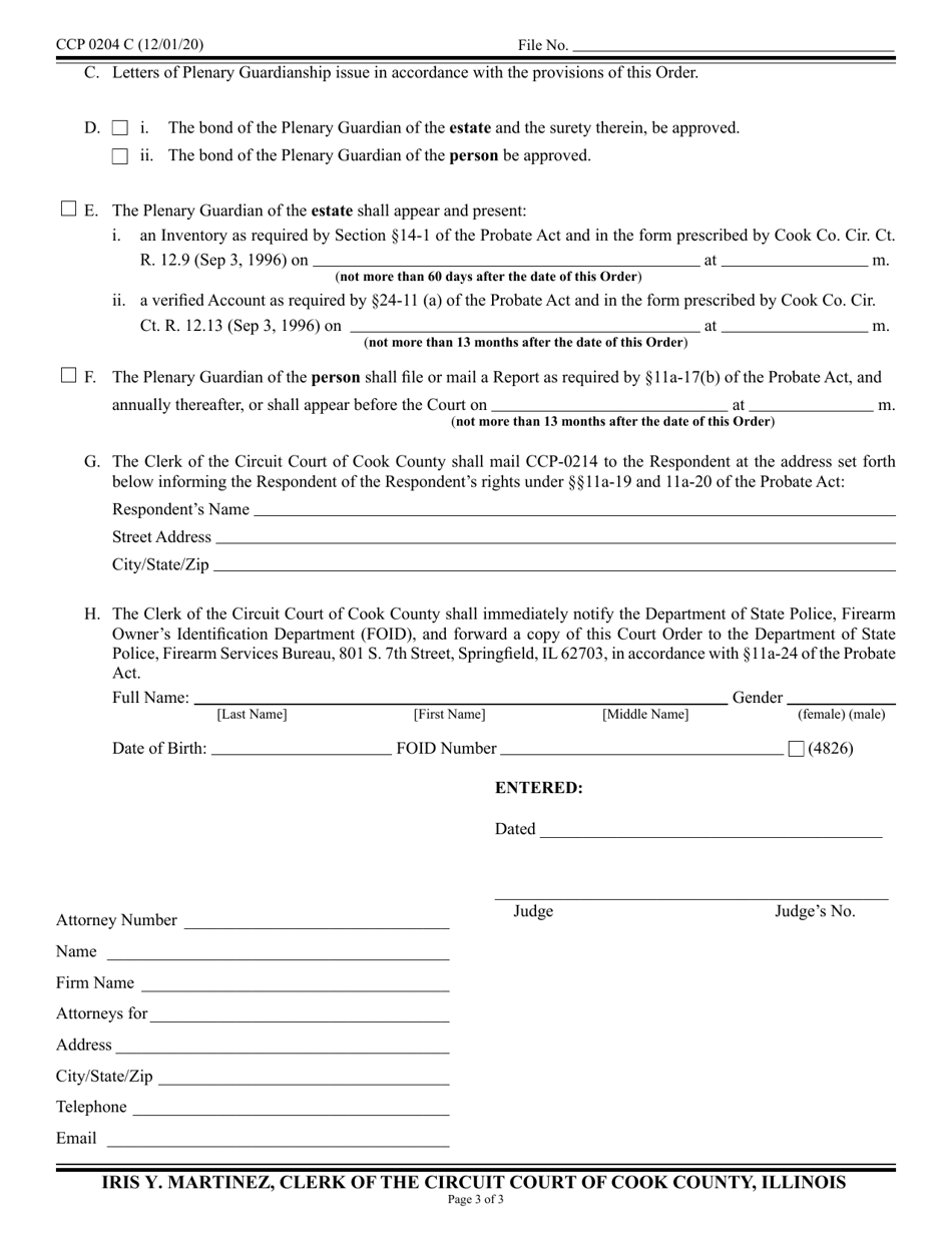 Form CCP0204 Order Appointing Plenary Guardian of a Person With a Disability - Cook County, Illinois, Page 3