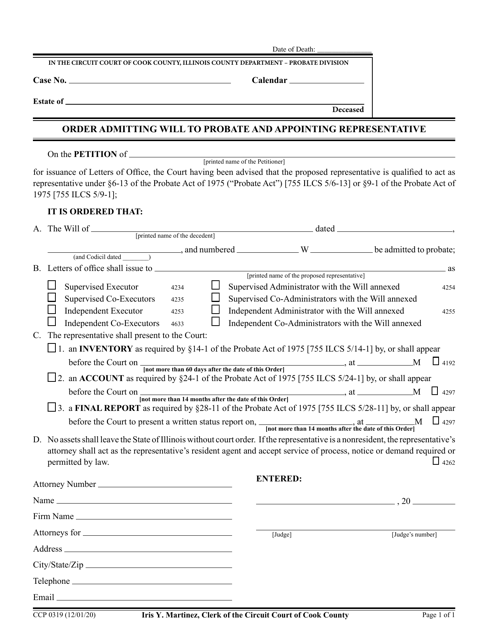 Form CCP0319 Order Admitting Will to Probate and Appointing Representative - Cook County, Illinois