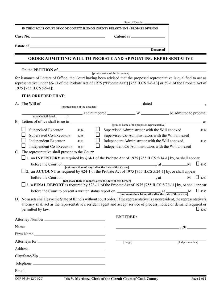 Form CCP0319 Order Admitting Will to Probate and Appointing Representative - Cook County, Illinois, Page 1