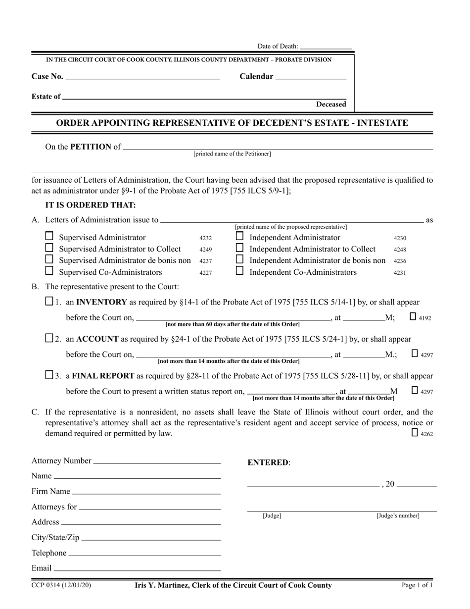 Form CCP0314 Order Appointing Representative of Decedents Estate - Intestate - Cook County, Illinois, Page 1
