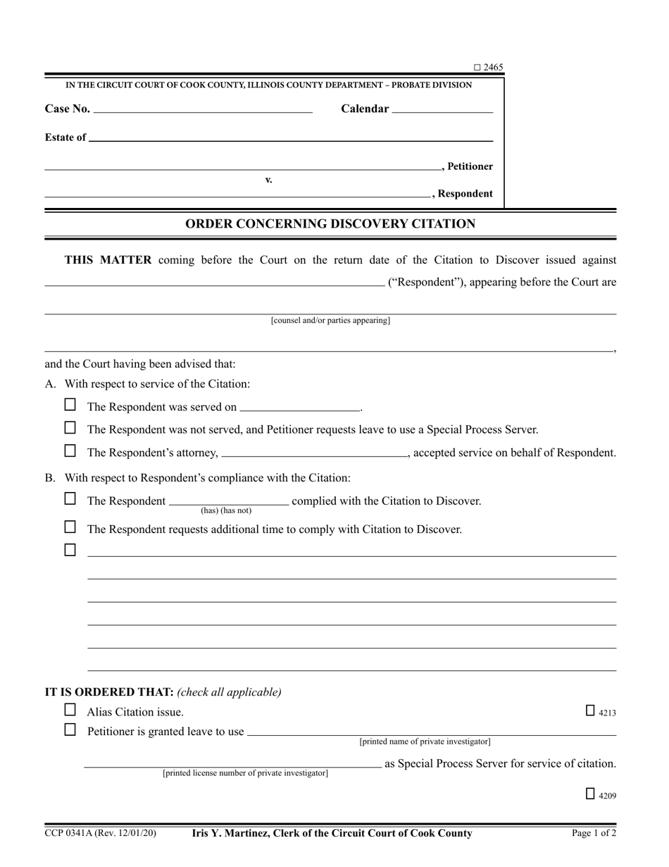 Form CCP0341 Order Concerning Discovery Citation - Cook County, Illinois, Page 1