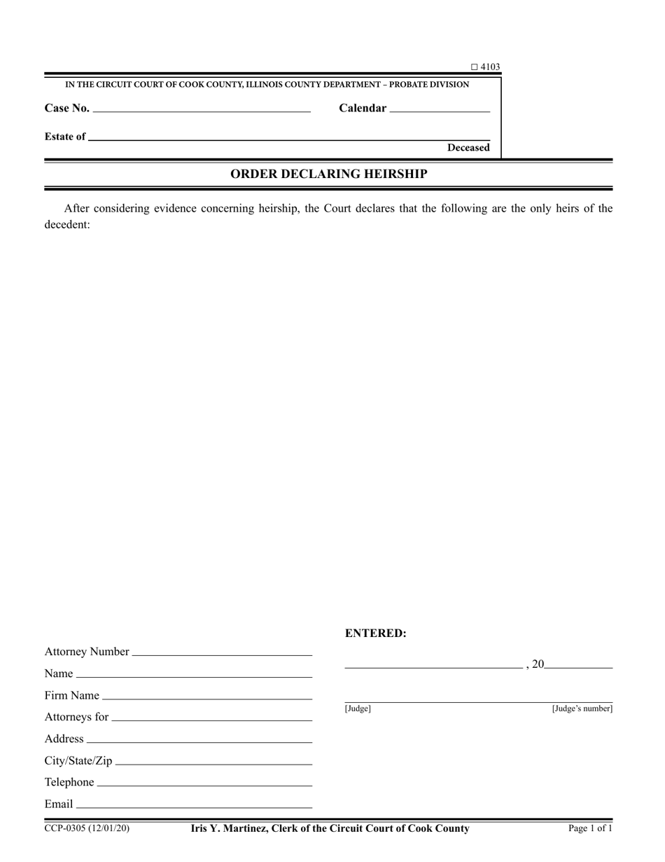 Form CCP0305 Order Declaring Heirship - Cook County, Illinois, Page 1