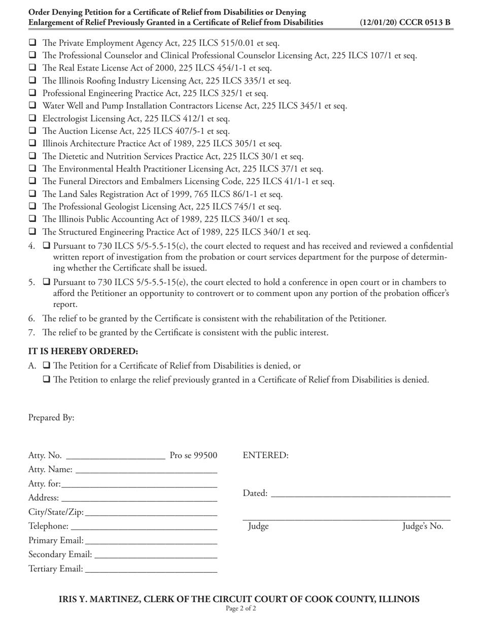 Form CCCR0513 Order Denying Petition for a Certificate of Relief From Disabilities or Denying Enlargement of Relief Previously Granted in a Certificate of Relief From Disabilities - Cook County, Illinois, Page 2