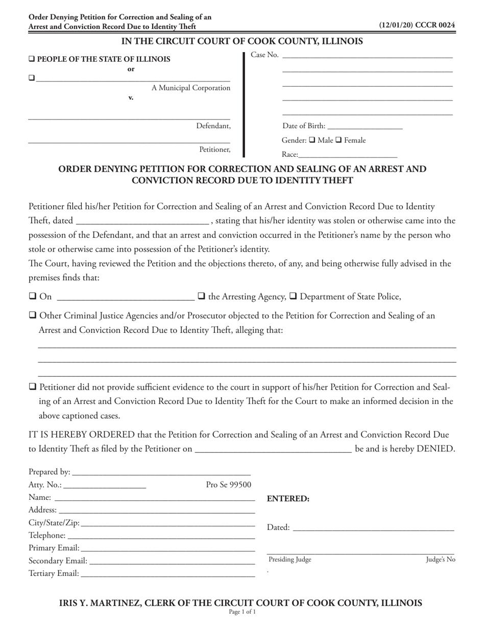 Form CCCR0024 Order Denying Petition for Correction and Sealing of an Arrest and Conviction Record Due to Identity Theft - Cook County, Illinois, Page 1