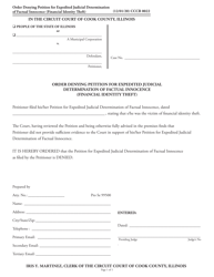 Document preview: Form CCCR0022 Order Denying Petition for Expedited Judicial Determination of Factual Innocence (Financial Identity Theft) - Cook County, Illinois