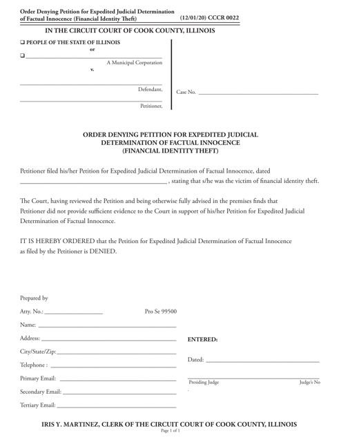 Form CCCR0022 Order Denying Petition for Expedited Judicial Determination of Factual Innocence (Financial Identity Theft) - Cook County, Illinois