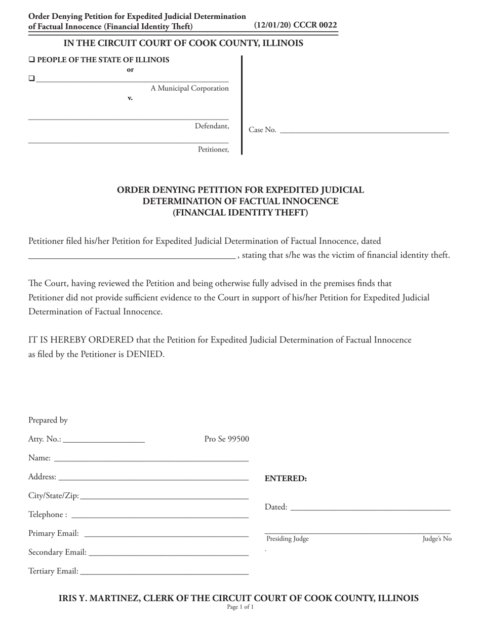 Form CCCR0022 Order Denying Petition for Expedited Judicial Determination of Factual Innocence (Financial Identity Theft) - Cook County, Illinois, Page 1