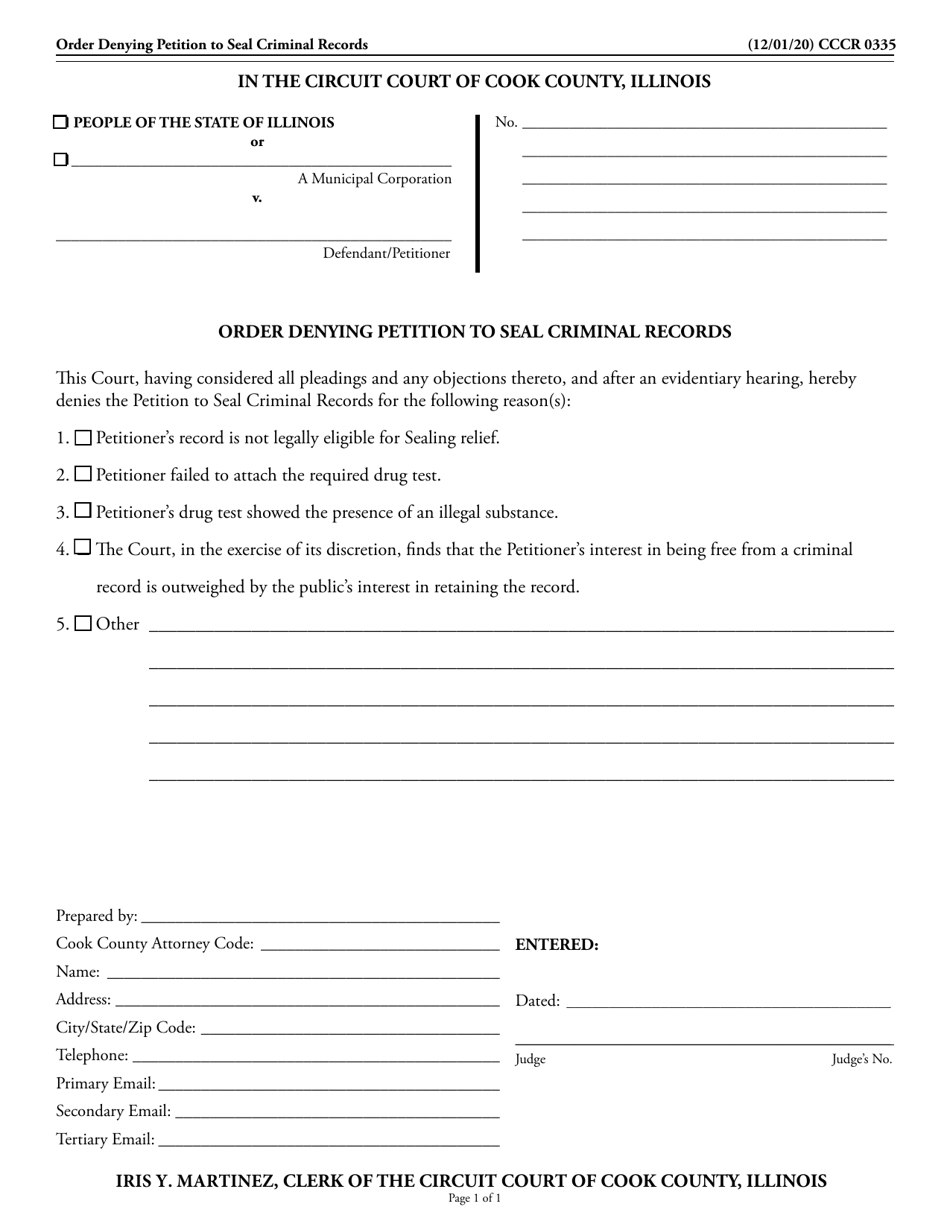 Form CCCR0335 Order Denying Petition to Seal Criminal Records - Cook County, Illinois, Page 1