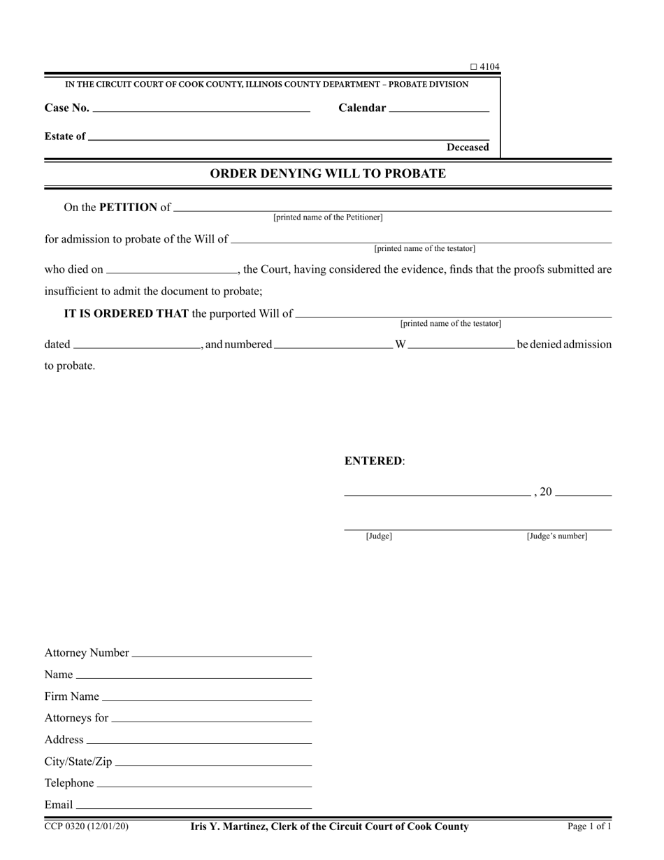 Form CCP0320 Order Denying Will to Probate - Cook County, Illinois, Page 1