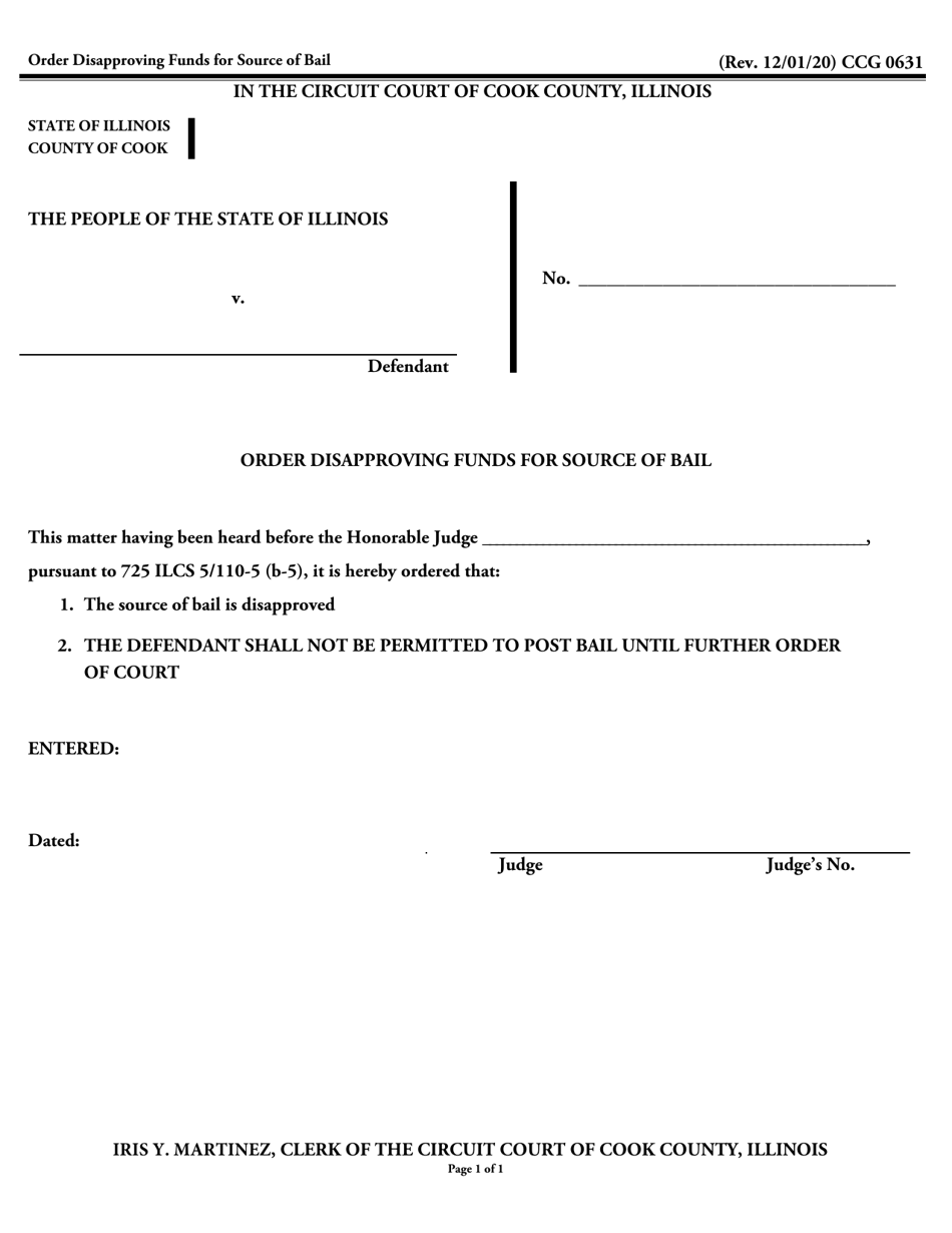 Form CCG0631 Order Disapproving Funds for Source of Bail - Cook County, Illinois, Page 1