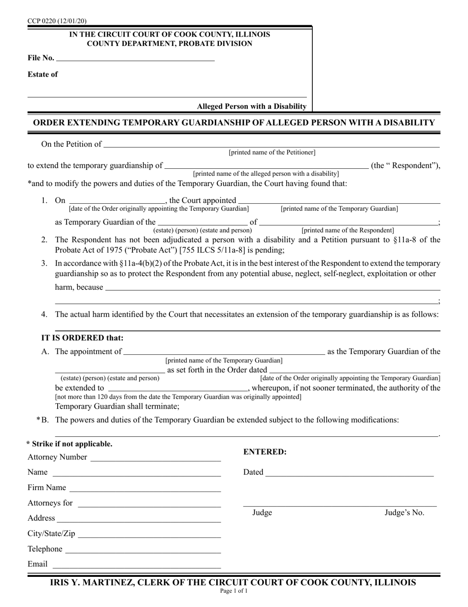 Form CCP0220 Order Extending Temporary Guardianship of Alleged Person With a Disability - Cook County, Illinois, Page 1