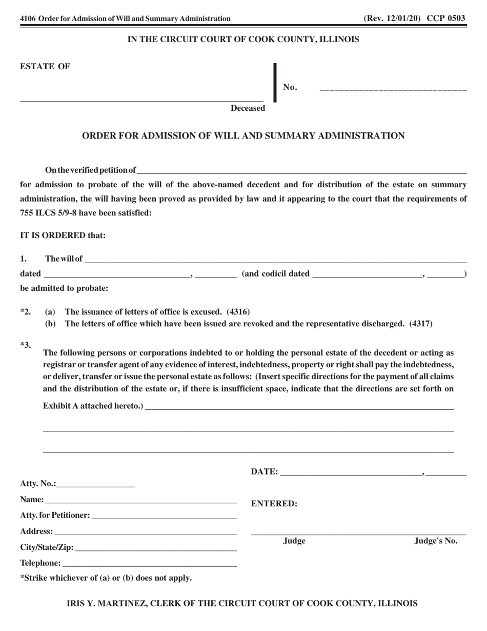 Form CCP0503 Order for Admission of Will and Summary Administration - Cook County, Illinois, Page 1