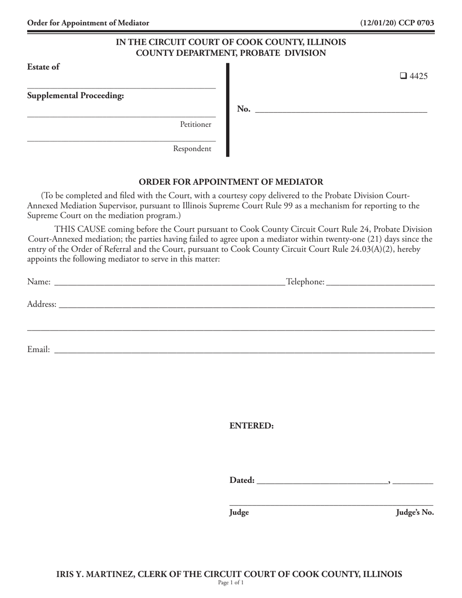 Form CCP0703 Order for Appointment of Mediator - Cook County, Illinois, Page 1