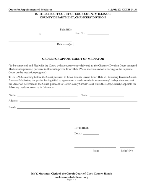 Form CCCH N134 Order for Appointment of Mediator - Cook County, Illinois