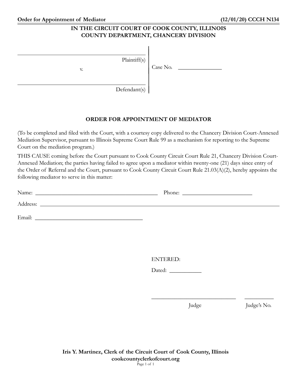Form CCCH N134 Order for Appointment of Mediator - Cook County, Illinois, Page 1