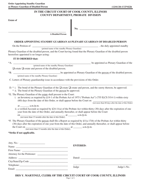 Form CCP0226 Order Appointing Standby Guardian as Plenary Guardian of Disabled Person - Cook County, Illinois