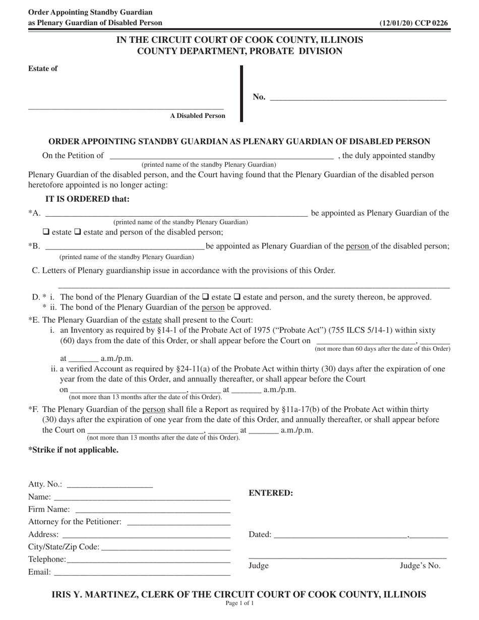 Form CCP0226 Order Appointing Standby Guardian as Plenary Guardian of Disabled Person - Cook County, Illinois, Page 1