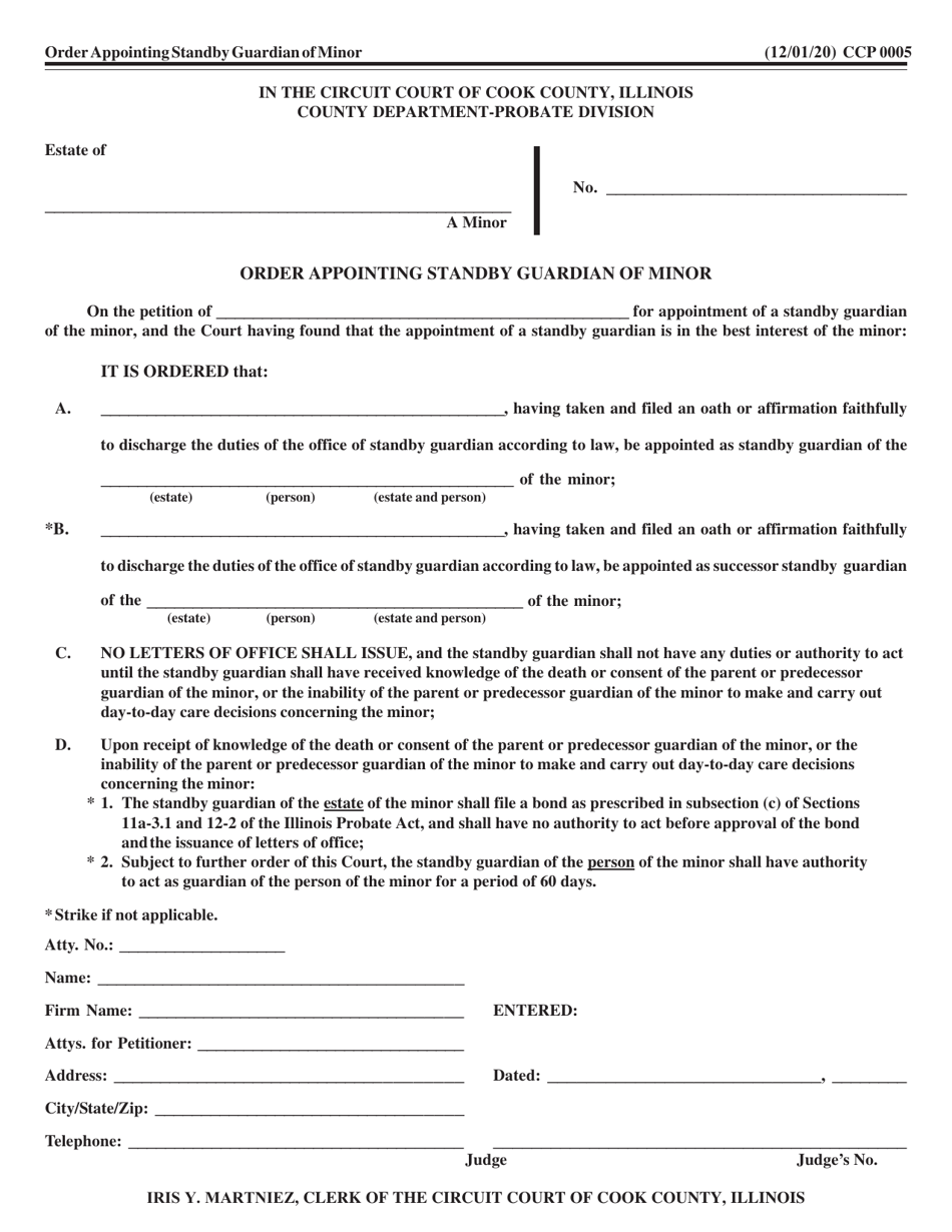Form CCP0005 Order Appointing Standby Guardian of Minor - Cook County, Illinois, Page 1