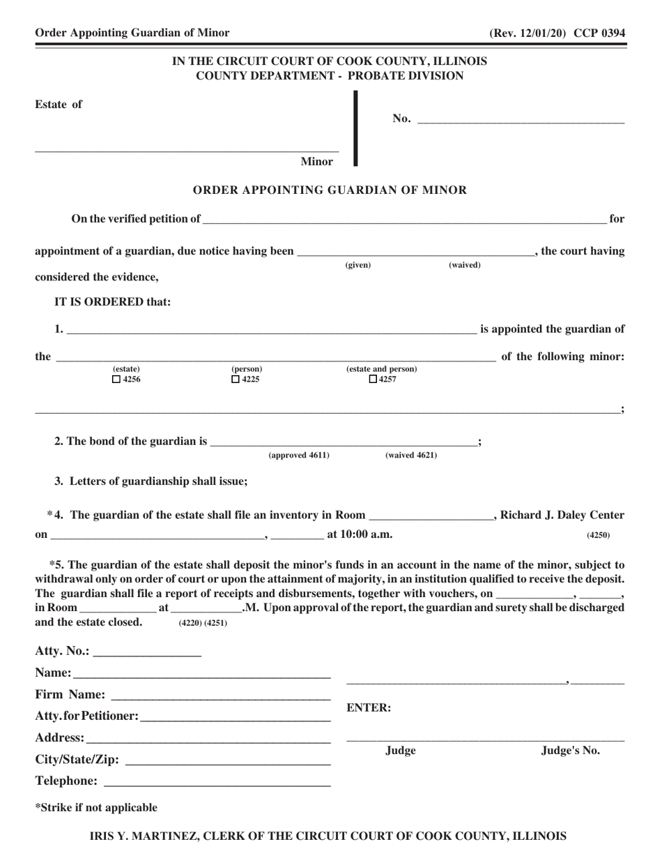 Form CCP0394 Order Appointing Guardian of Minor - Cook County, Illinois, Page 1