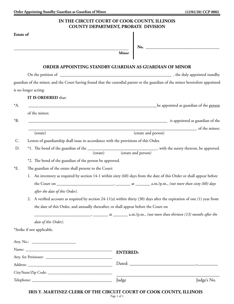 Form CCP0002 Order Appointing Standby Guardian as Guardian of Minor - Cook County, Illinois, Page 1