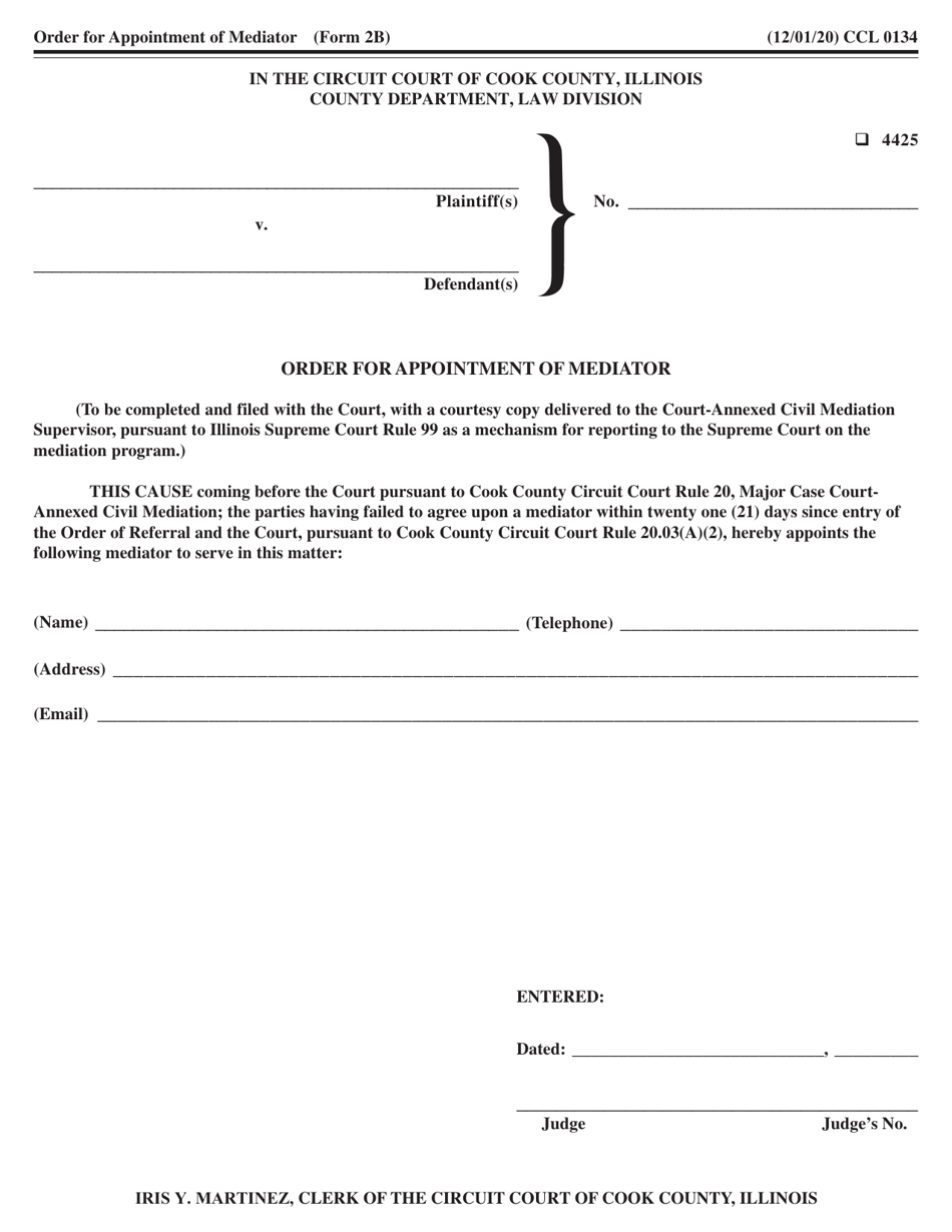 Form 2B (CCL0134) Order for Appointment of Mediator - Cook County, Illinois, Page 1