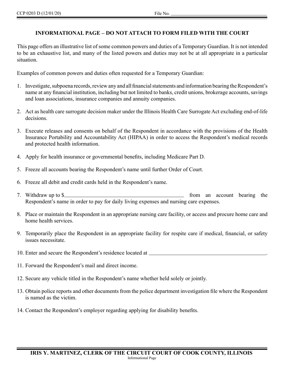 Form CCP0203 Order Appointing Temporary Guardian of an Alleged Person With a Disability - Cook County, Illinois, Page 4