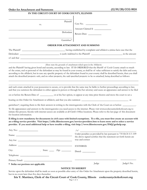 Form CCG0024 Order for Attachment and Summons - Cook County, Illinois