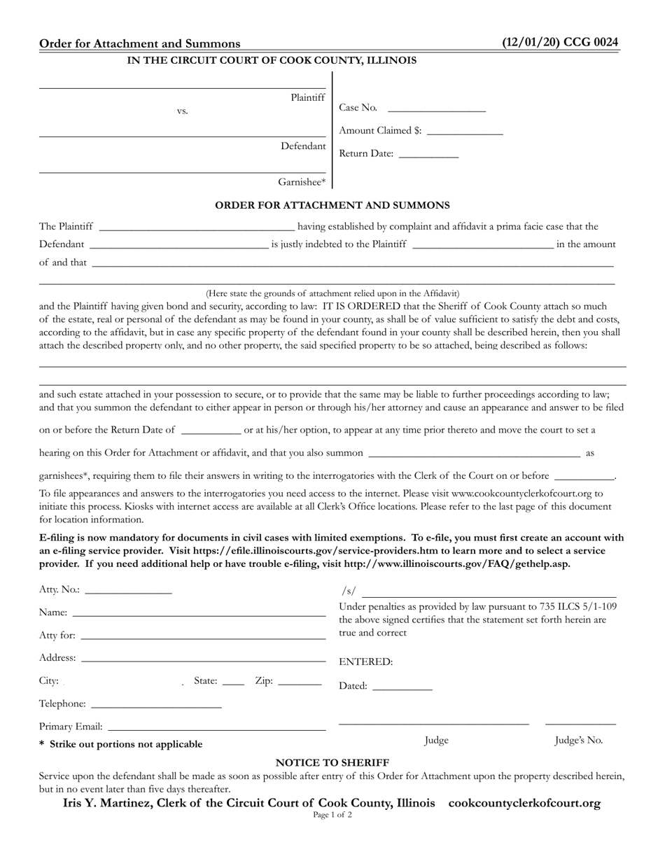 Form CCG0024 Order for Attachment and Summons - Cook County, Illinois, Page 1