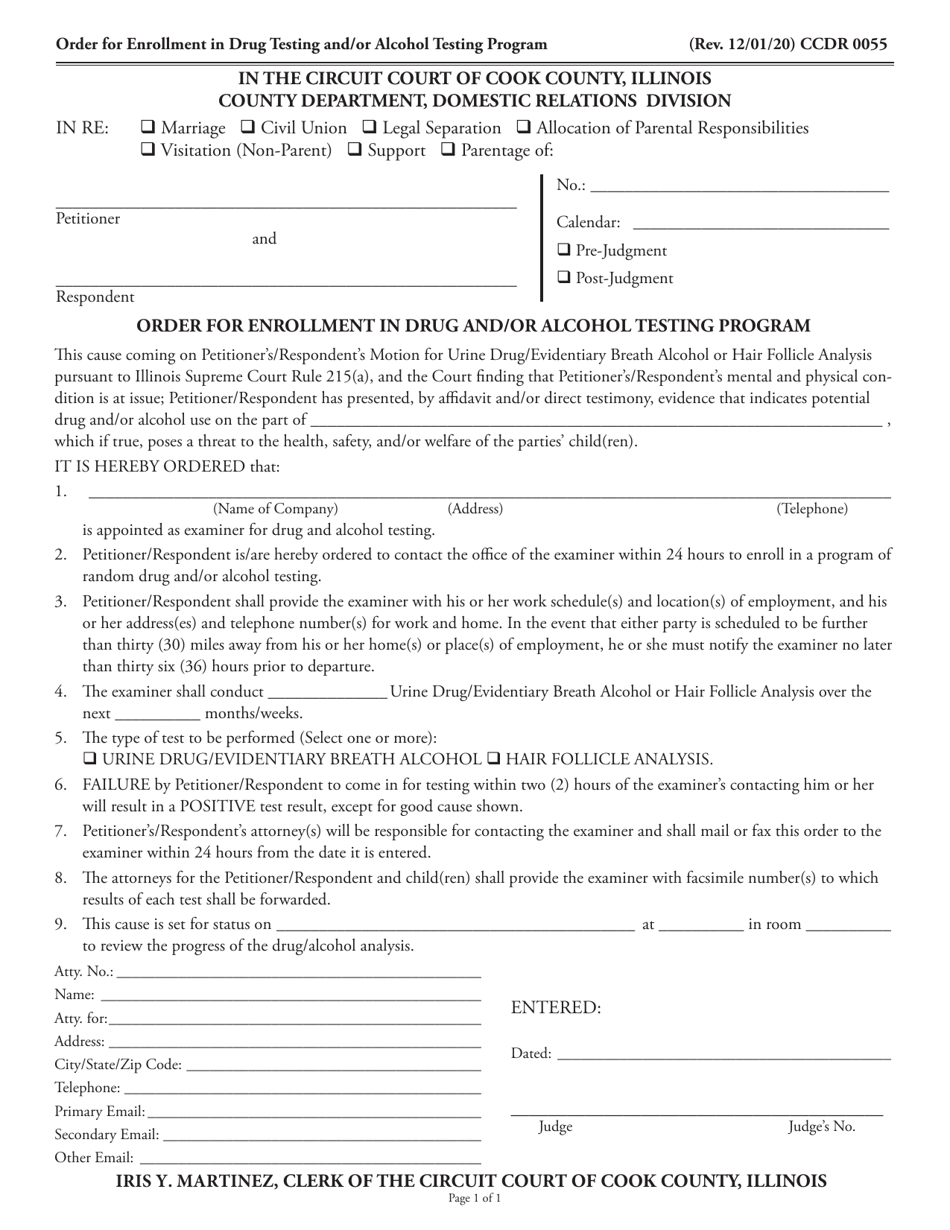 Form CCDR0055 Order for Enrollment in Drug and / or Alcohol Testing Program - Cook County, Illinois, Page 1