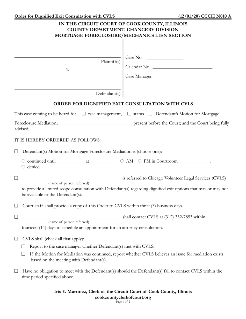 Form CCCH N010 Order for Dignified Exit Consultation With Cvls - Cook County, Illinois, Page 1