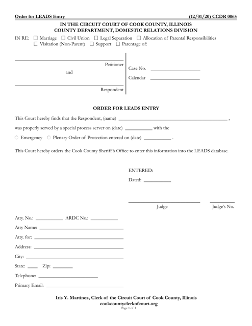 Form CCDR0065 Order for Leads Entry - Cook County, Illinois