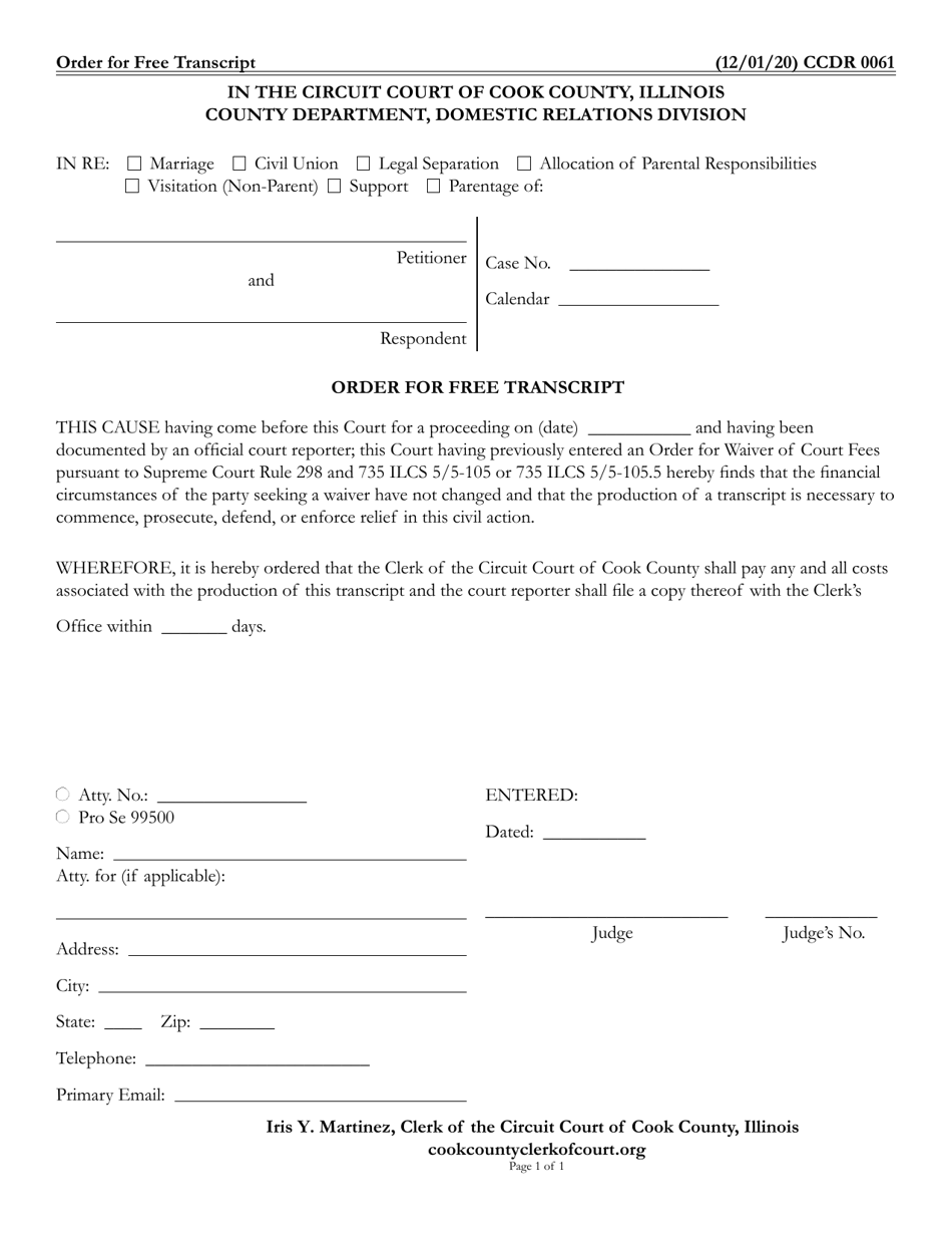 Form CCDR0061 Order for Free Transcript - Cook County, Illinois, Page 1