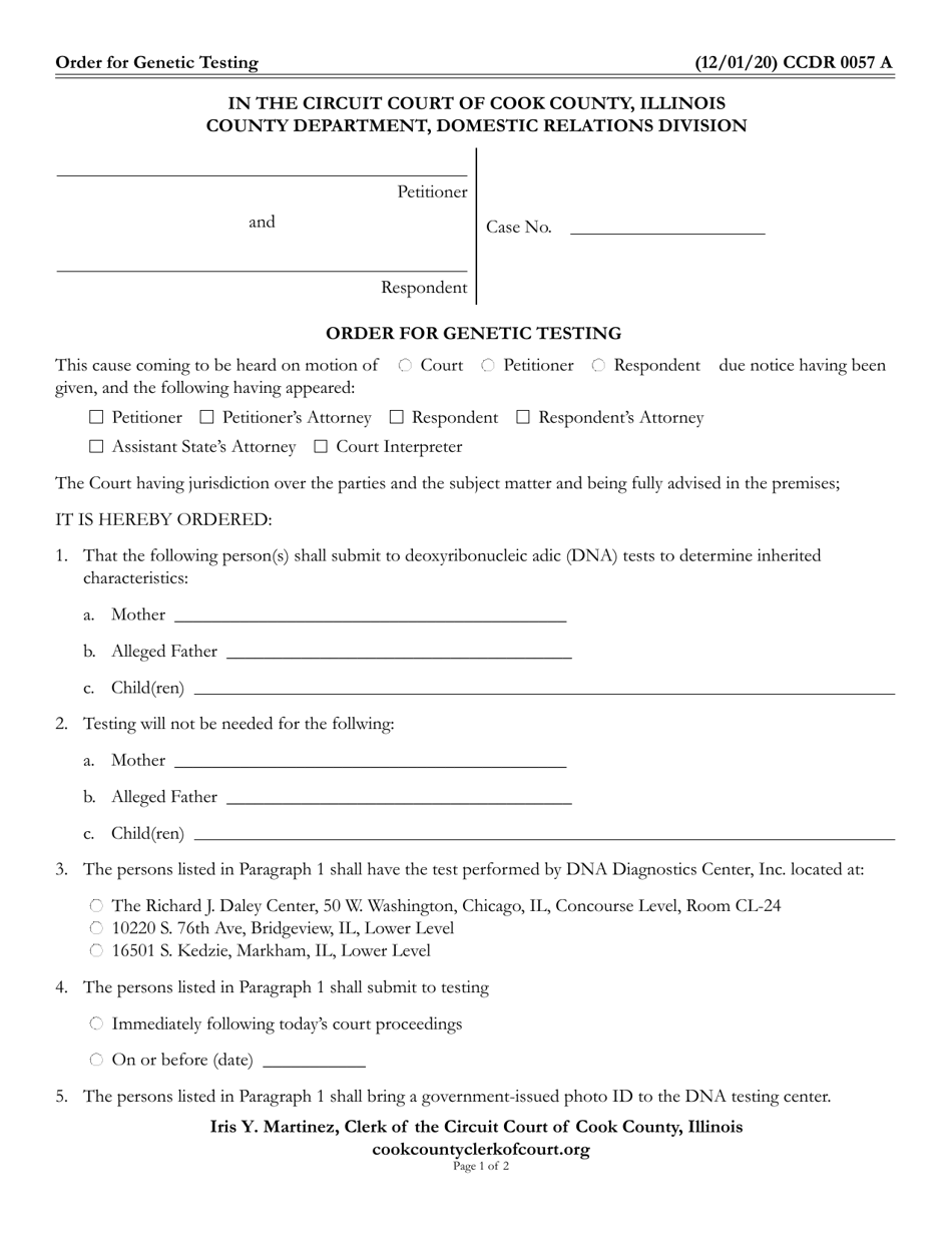 Form CCDR0057 Order for Genetic Testing - Cook County, Illinois, Page 1