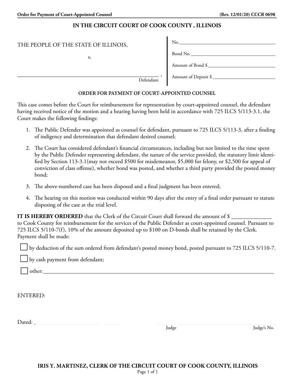 Form CCCR0698 Order for Payment of Court-Appointed Counsel - Cook County, Illinois, Page 1